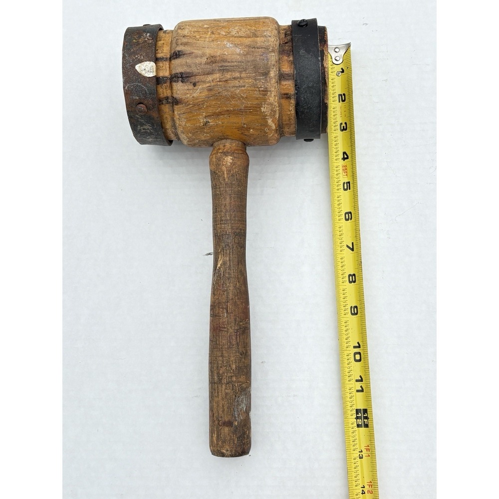 Antique Primitive Large Wood & Metal Mallet Hammer Rustic Decor Brutalist 13" - Picture 7 of 9